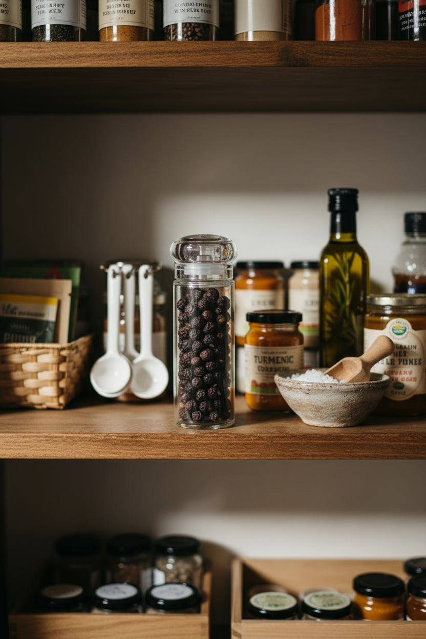 Clear Glass Pepper Grinder in Pantry